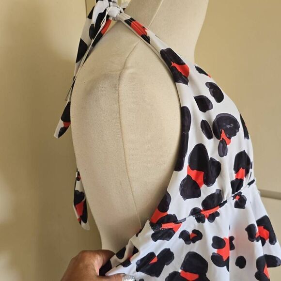 Rose gal Swimwear white,black,red leopard print halter back swimsuit with ruffle - Picture 3 of 6